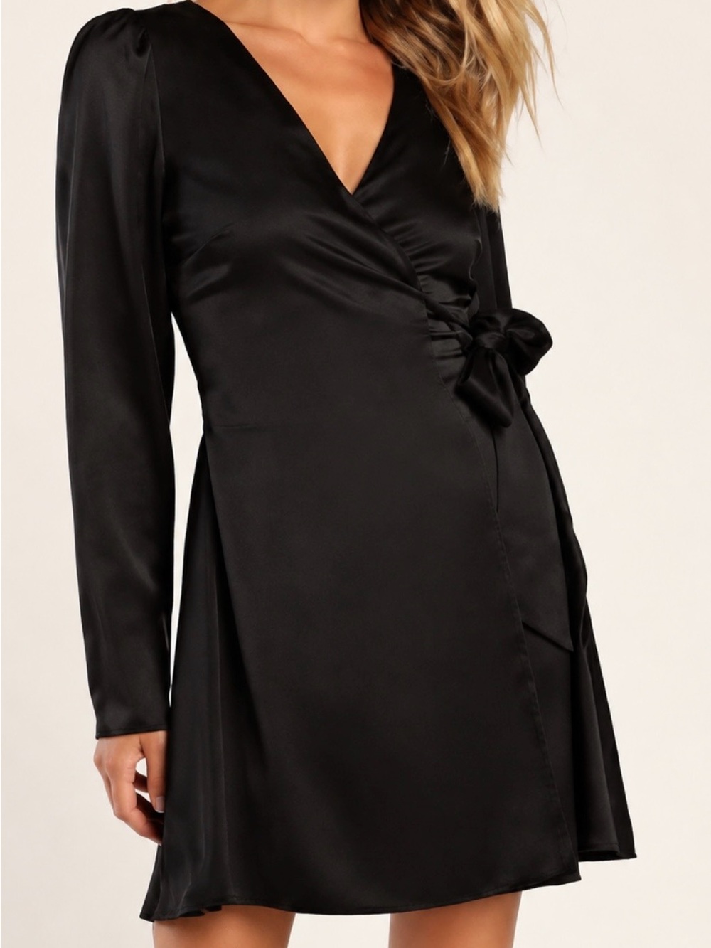 Lulu's Black Satin Wrap Long Sleeve Dress